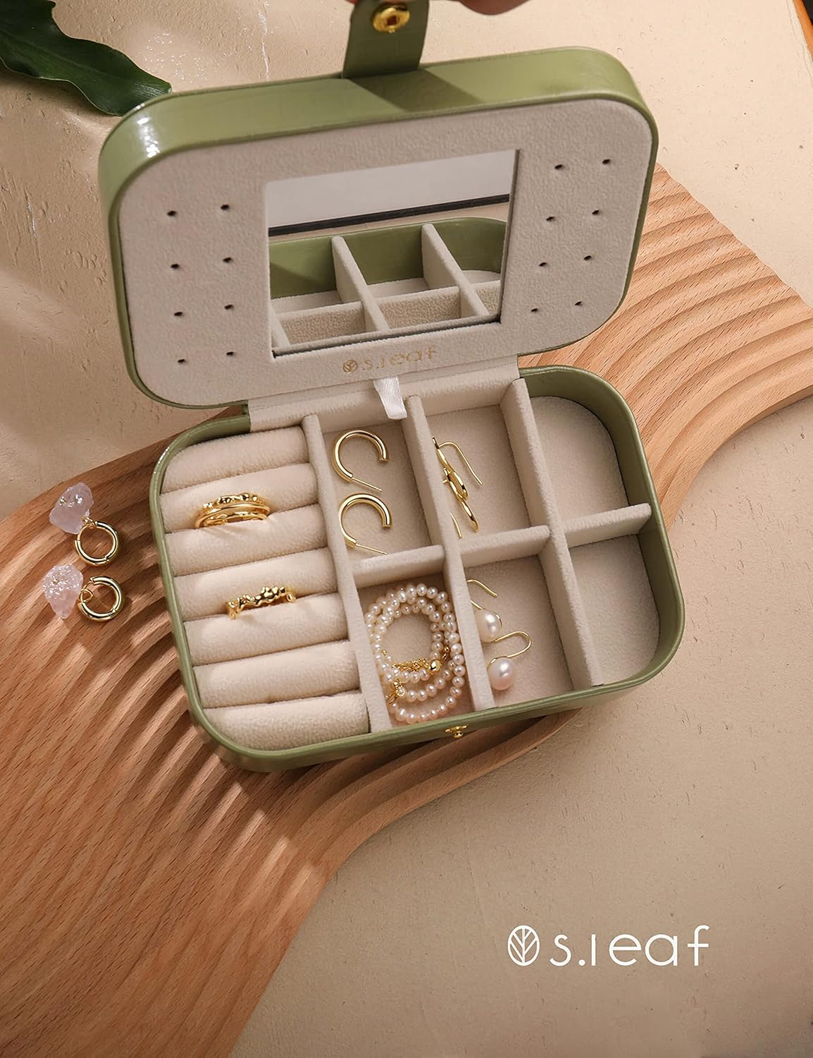 S.Leaf Travel Jewelry Organizer Boxes for Women Small Portable Necklace Earrings Bracelet Rings Travel Case Best Friend Birthday Gifts for Women Trendy (14_Crocodile_Avocade_Big)