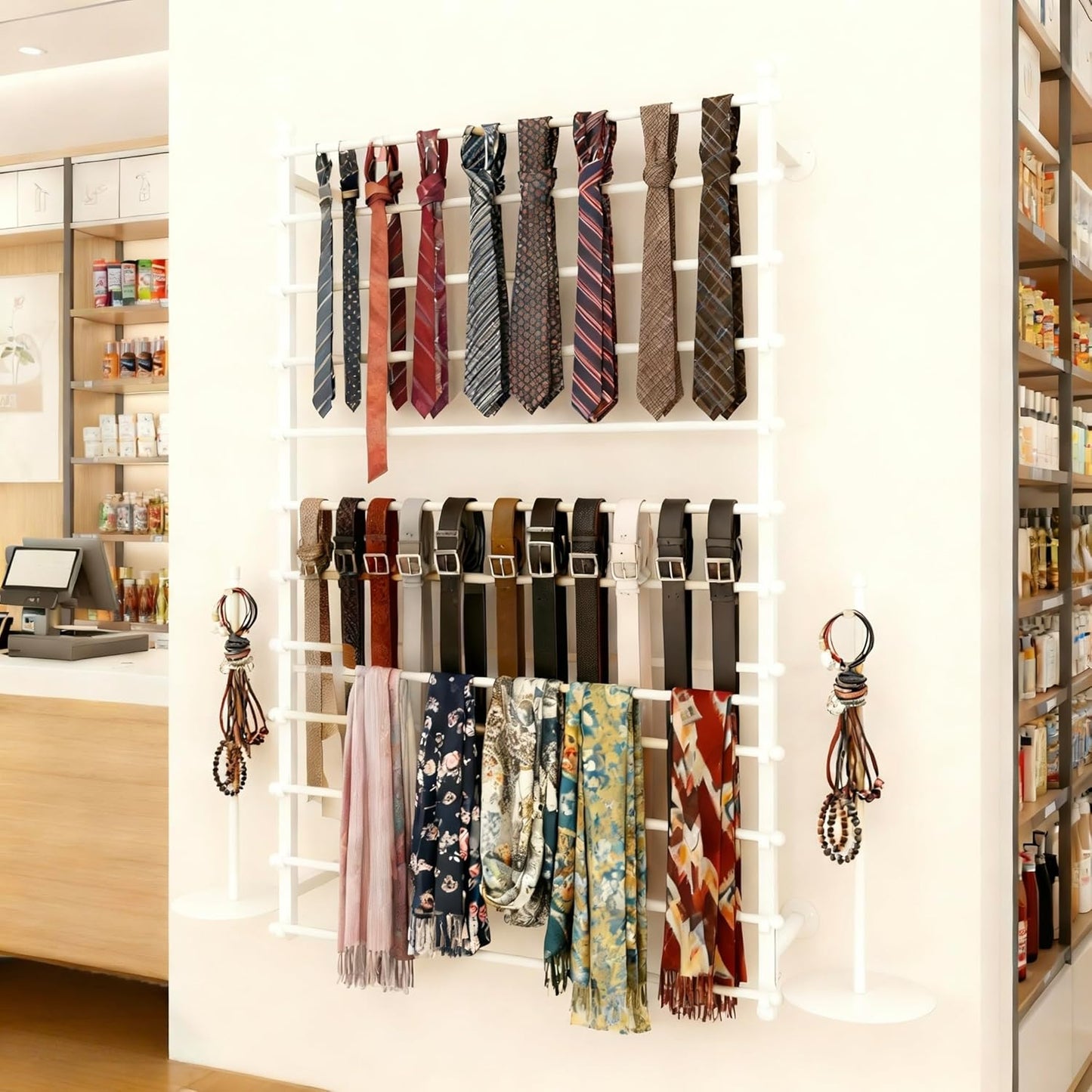 12 Layers 80cm White Wall Display Stand Wrapping Paper Ribbon Organizer Tie Scarf Rack Belt Towel Holder Spool Hijab Stand Metal Shelving for Home, Retail Stores, Flower Shop, Studio, Sewing