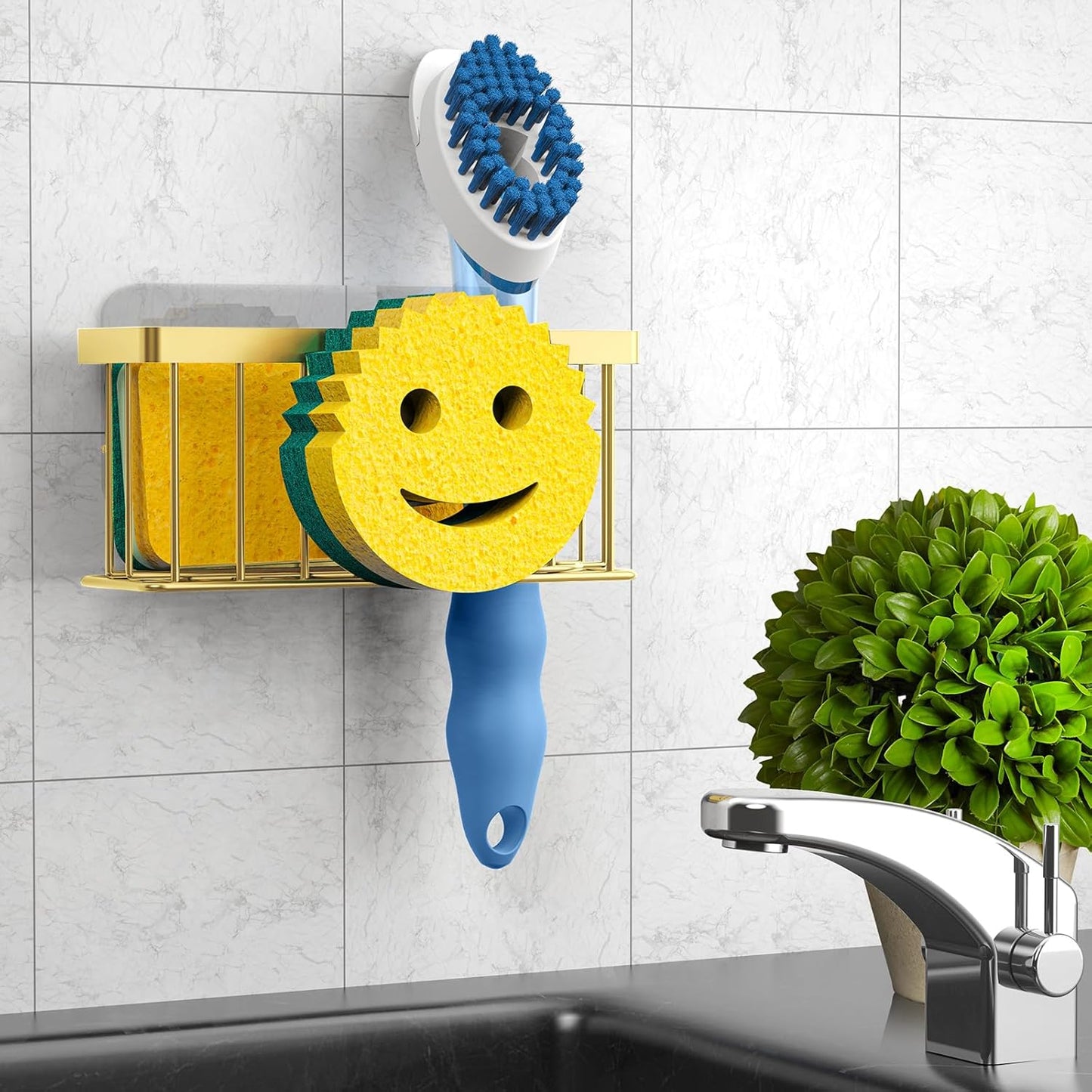 Sponge Holder Smiley Face, Sink Caddy for kitchen Sink, Kitchen Organizer Sponge Holder with 2 PCS Suction Cups/1 PCS Adhesive Strips, Designed for Sponge, Soap, Dish brush, Scrubber-Gold