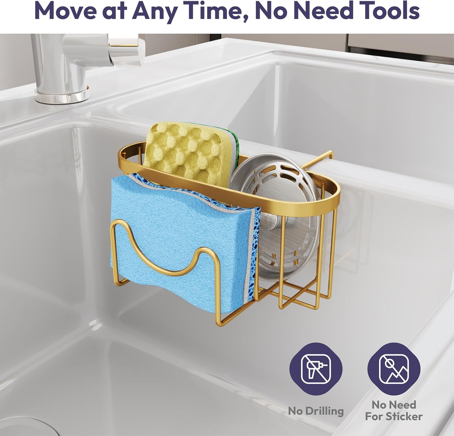 SWTYMIKI Sponge Holder for Kitchen Sink - Movable Kitchen Sink Caddy with M Shape Hook, Stainless Steel Hanging Sponge Caddy for Dish Sponge, Brush, Stopper Organizer in Double Sink, Gold
