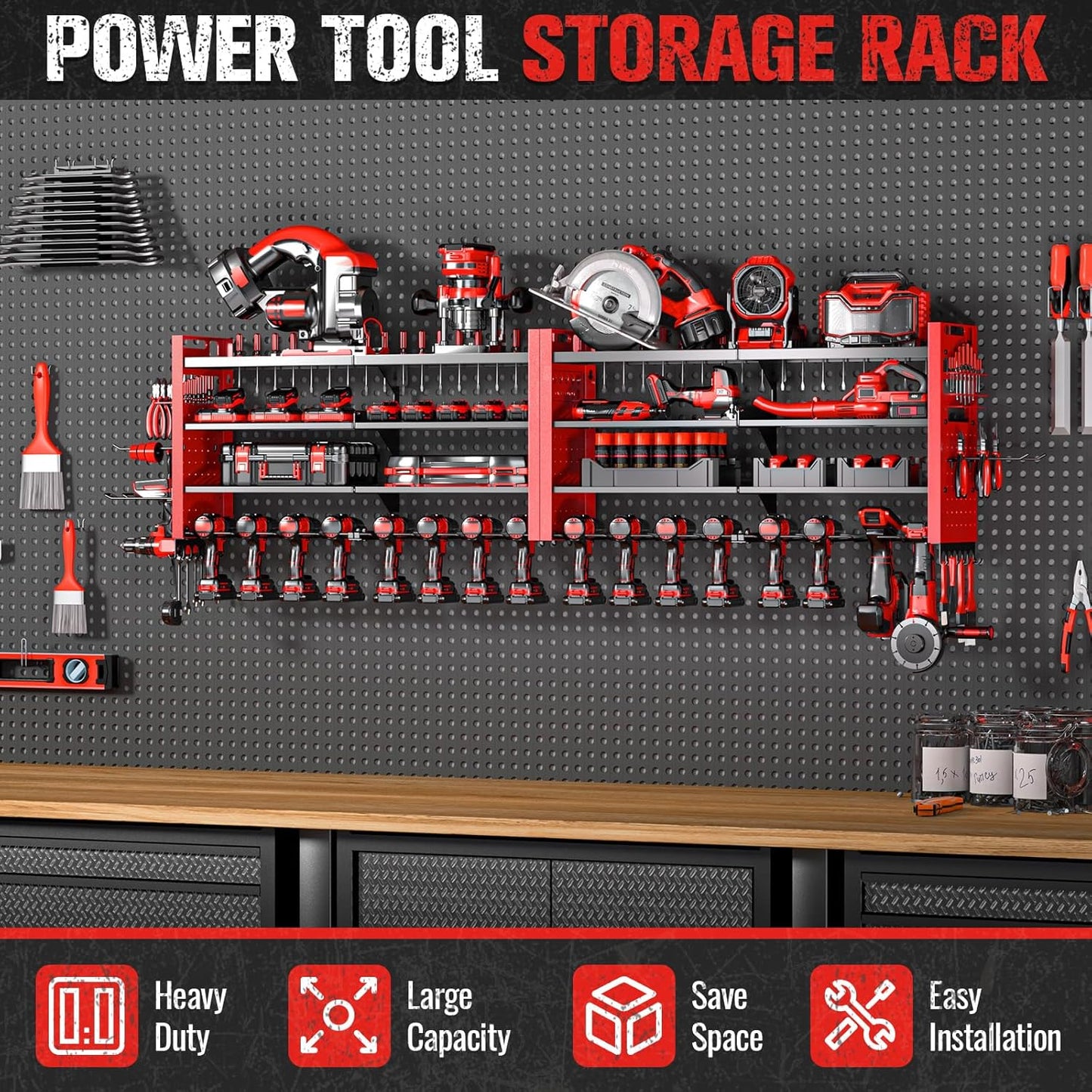 66" W Super Large Power Tool Organizer Wall Mount,Heavy Duty Cordless Tool Organizer with 18 Drill Holder,600 Lbs Capacity 4-Layer Garage Organization for Garage and Workshop (Red)