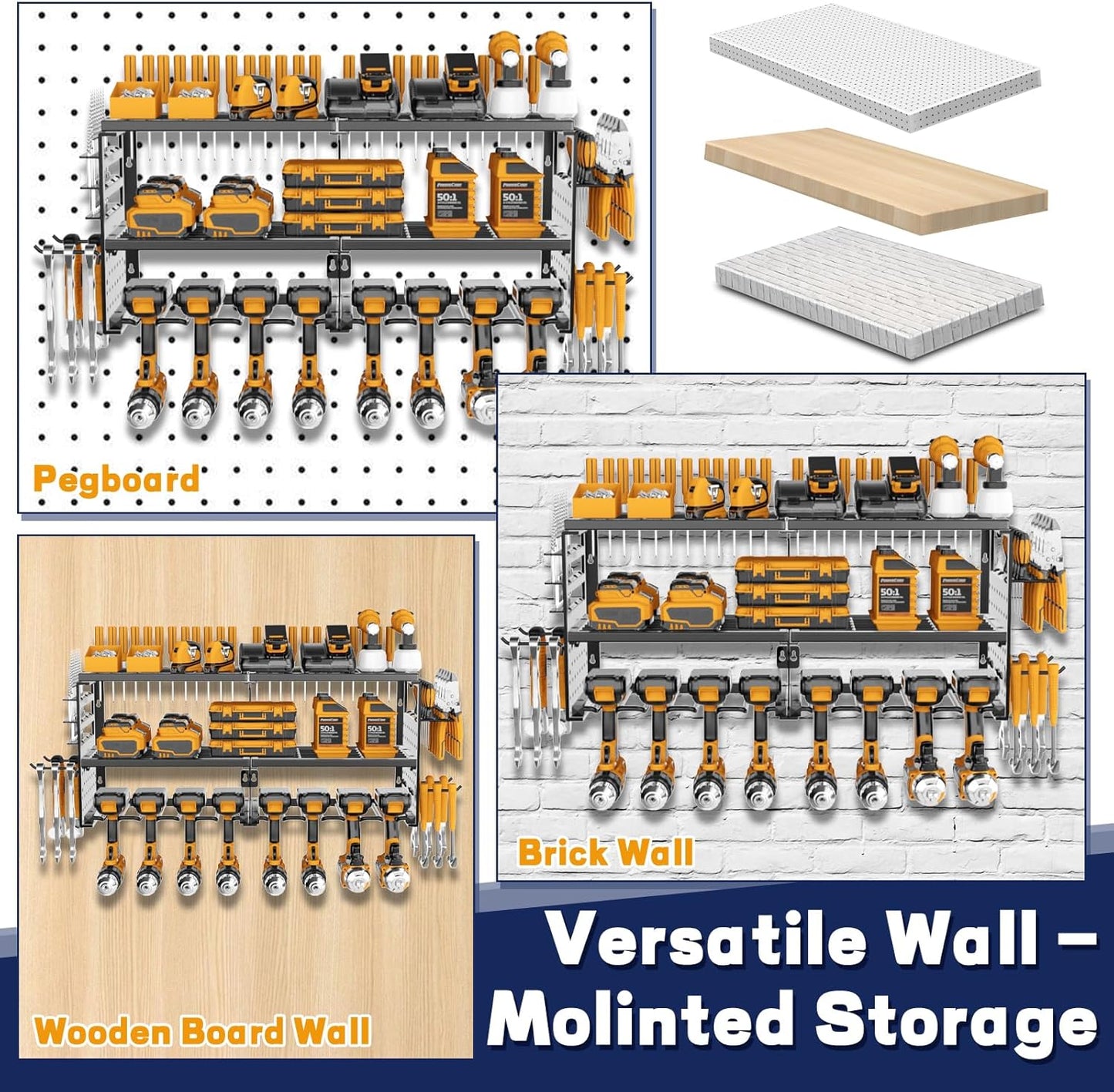Power Tool Organizer Wall Mount, 300Lbs Load 3 Layer Heavy Duty Metal Tool Shelf with 8 Drill Holders, Garage Workshop Storage for Cordless Tools Batteries Screwdrivers(Black)