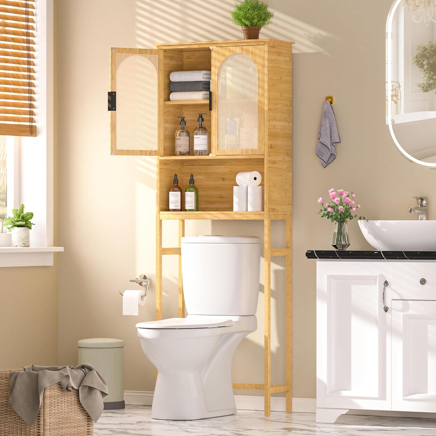 BlueWish Bathroom Organizers and Storage, Bamboo Over The Toilet Storage Cabinet with Inverted U-Shaped Door & Anti-Tip Device, Space Saver, Natural