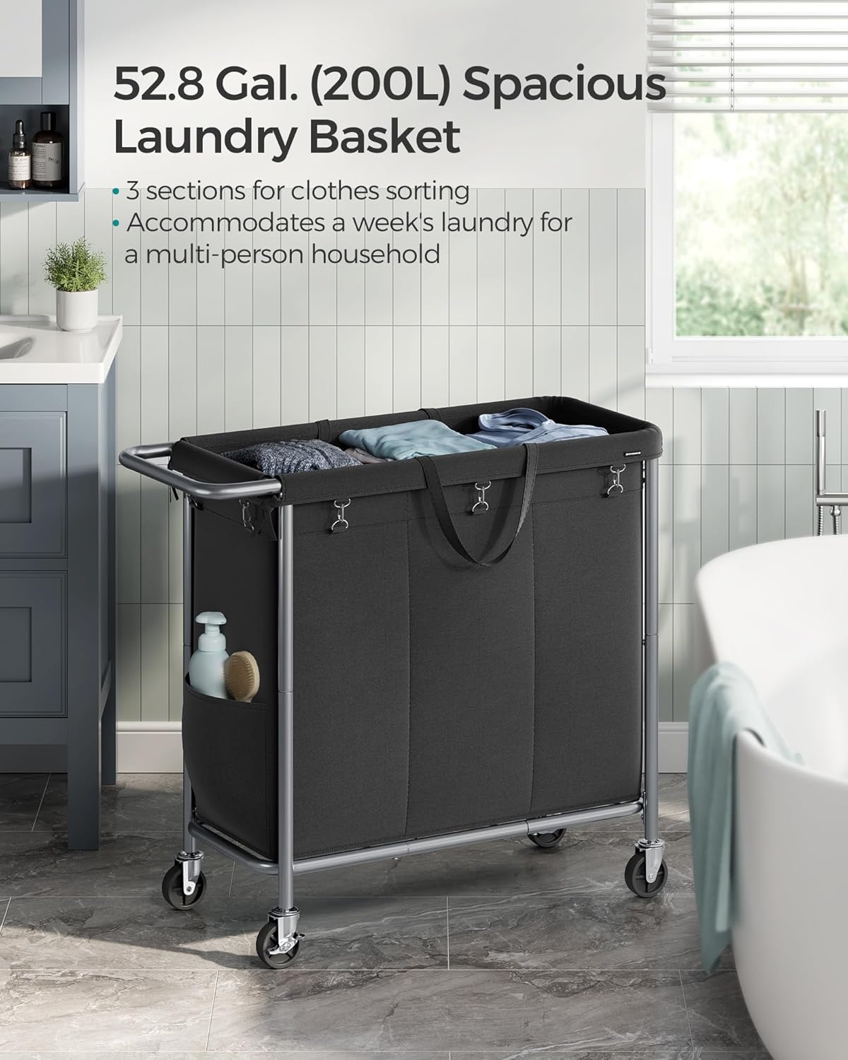 SONGMICS Laundry Basket with Wheels, 3-Section Rolling Laundry Hamper, 52.8 Gallons (200 L), Removable Liner, Steel Frame with Handle, 35.8 x 15.4 x 31.9 Inches, Ink Black URLS005B01