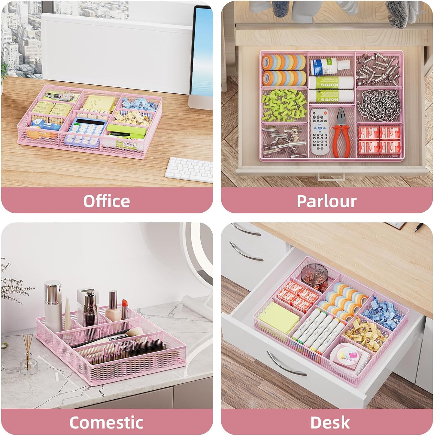 Marbrasse 2P Pink Desk Drawer Organizer, Metal Mesh Drawer Organizer Tray with 5 Adjustable Compartments,Desk Organizers and Accessories for Home,Office,Kitchen,Makeup,Vanity (Pink)