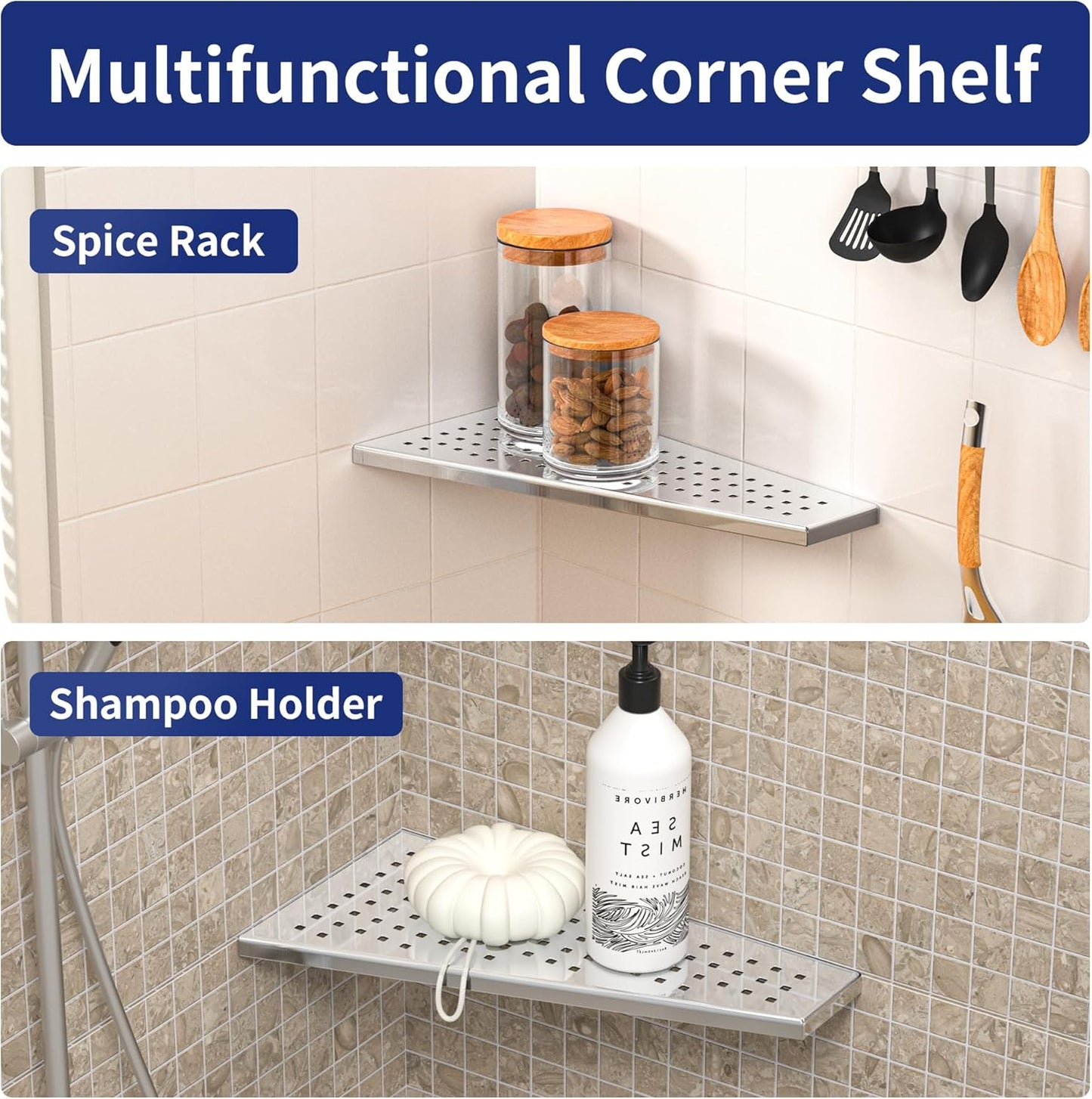 Corner Shower Shelf 12" Polished 304 Stainless Steel Recessed Trapezoid Grout in Shelves with Grid Design Bathroom Shelf Racks for Tiled Wall, 2 Pack