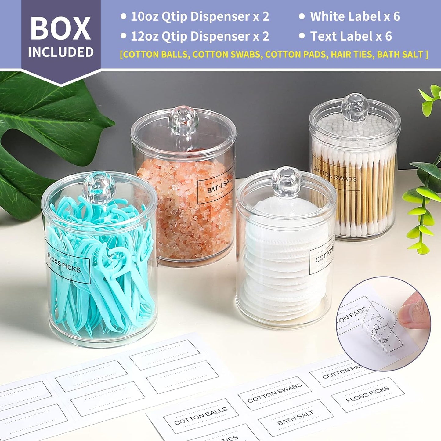 ME.FAN Qtip Holder Dispenser - 4 Pack 10oz, 12oz Clear Plastic Apothecary Jars Set - Restroom Bathroom Makeup Organizers Containers for Cotton Ball/Swab/Round Pads, Floss, Hair Ties, Bath Salt