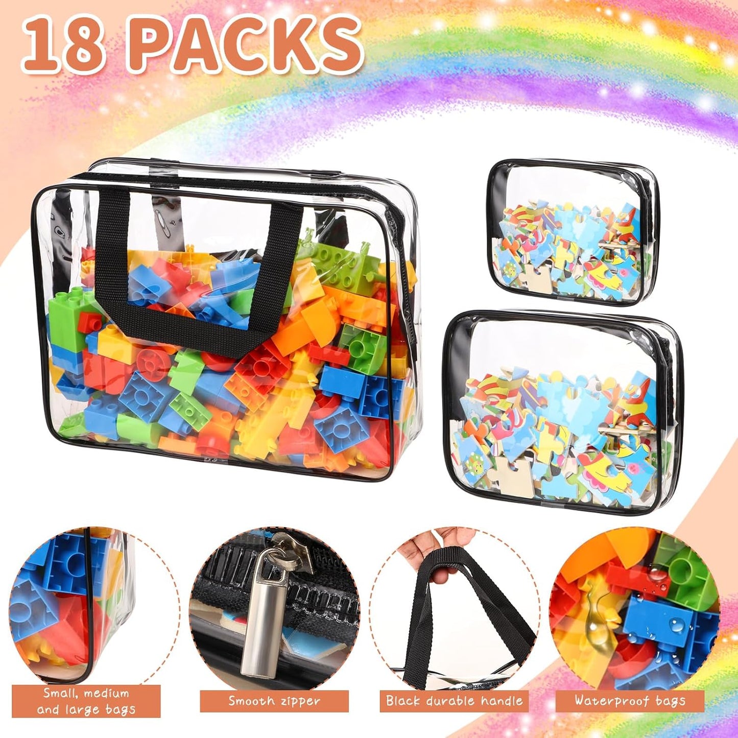18 Packs Toy Storage Bags with Labels, Clear PVC Puzzle Storage Bags, Waterproof Travel Toy Organizer Bags with Zipper for Building Blocks Kids Books (3 Size)