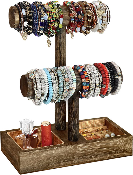 LadyRosian 2 Tier Wooden Display Jewelry Accessory Stand Jewelry Bracelet Holder Bangle Watch Necklace Storage Jewelry Box Organizer, (Brown-2 layers)