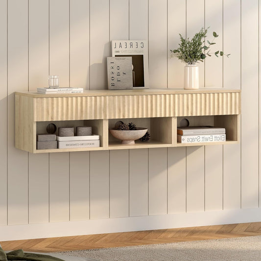 Floating Nightstands Set of 3 with Drawer and Open Shelf, Small Wall Mounted Bedside End Table, Modern Fluted Night Stand for Bedroom, Living Room, Light Oak