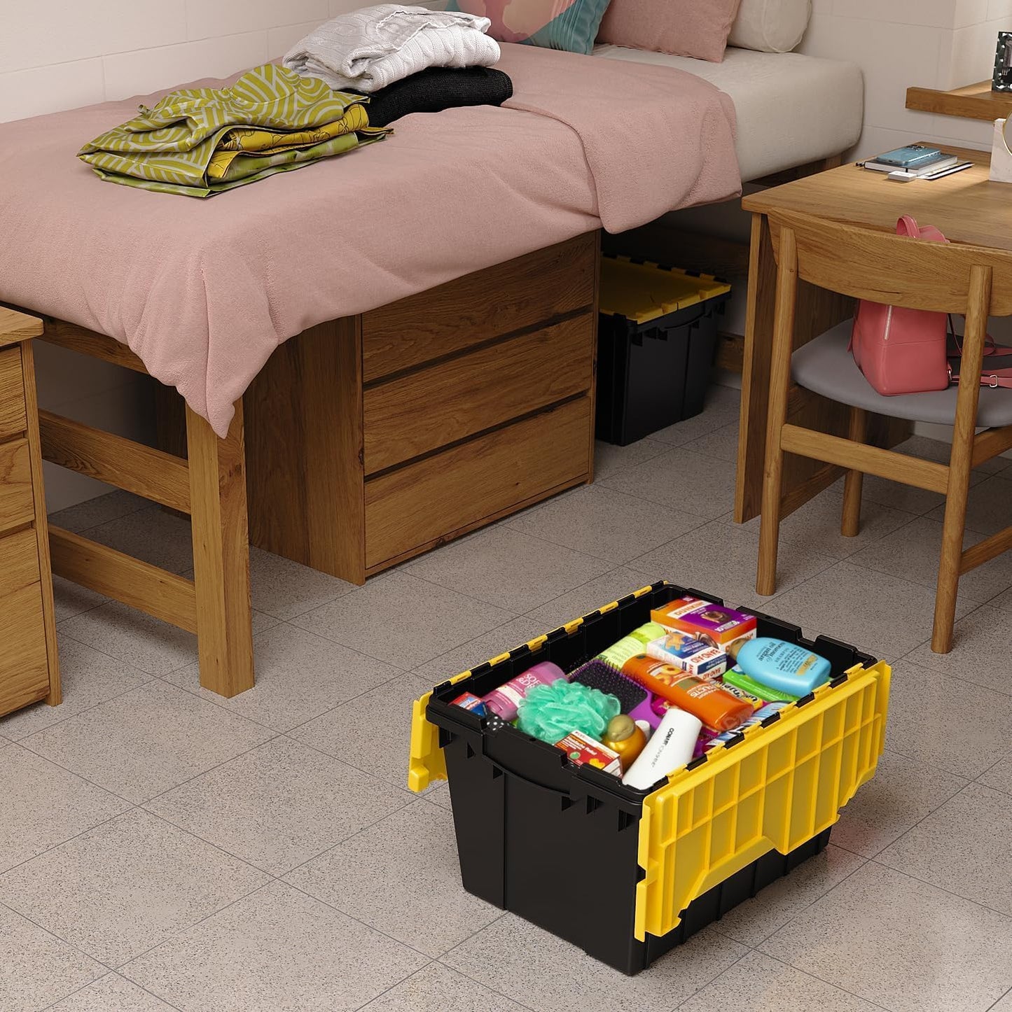 Akro-Mils KeepBox 12 Gallon Storage Container, Nesting and Stackable Plastic Storage Box with Lid Attached, Clear Tote for Garages, Closets, and Moving, 21-1/2" x 15" x 12-1/2", Black/Yellow