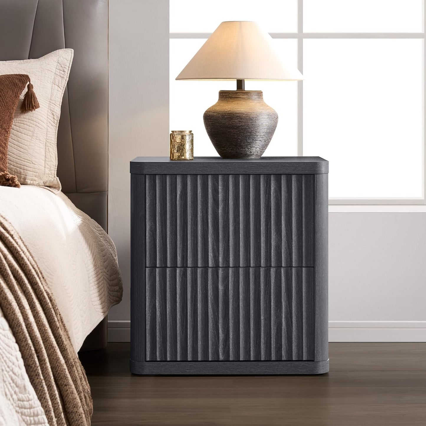 SICOTAS Night Stand Nightstand with 2 Drawers Storage Bedside Table Large Fluted Bed Side End Table Modern 24.4" Tall Wide Night Stands for Bedroom Living Room Sofa Couch Home Office, Dark Grey Alder