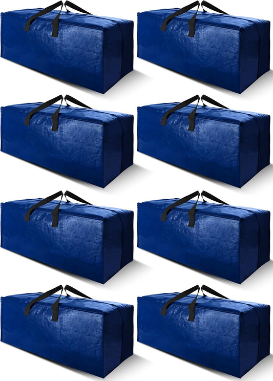 Cosy Family 8 Pack Heavy Duty Extra Large Moving Bags with Backpack Straps - Strong Handles & Zippers, Storage Totes For Space Saving, Fold Flat, Alternative to Moving Box (40 gal, Blue)