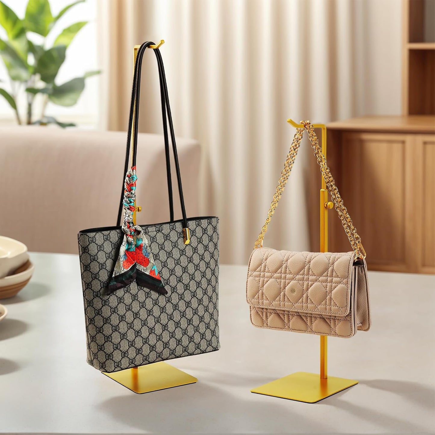 2Pcs Purse Holder, Adjustable Purse Display Stand , Golden Handbag Display Stand, Hanger Rack for Bags, Suitable for Desktops, Wardrobes and Commercial Storeshook Stand