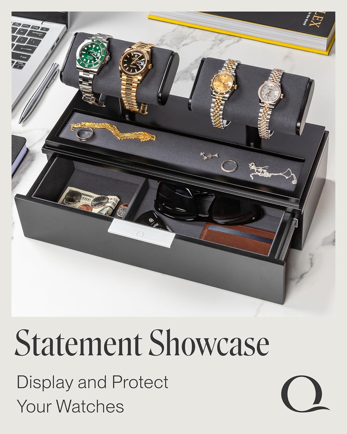 QWATCH Watch Stand Display Case - Acrylic Watch Box for 2 or 4 Watches with Jewelry Valet Tray and Drawer