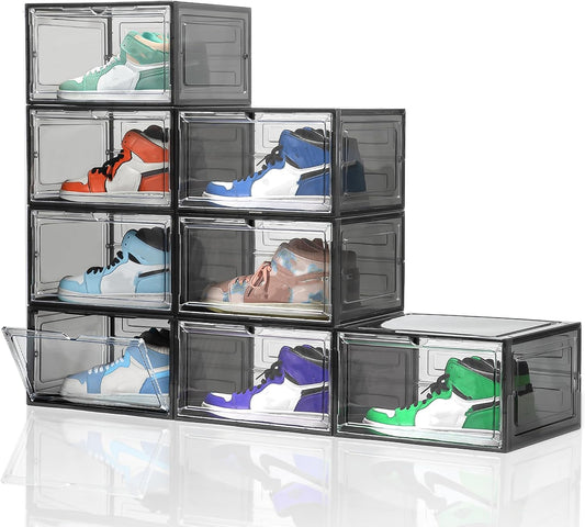 Attelite Shoe Box, Upgraded Large Clear Shoe Storage Box Stackable, 8 Pack Thicken Plastic Shoe Containers, Drop Front Large Magnetic Door,Shoe Storage Organizer for Display Sneakers