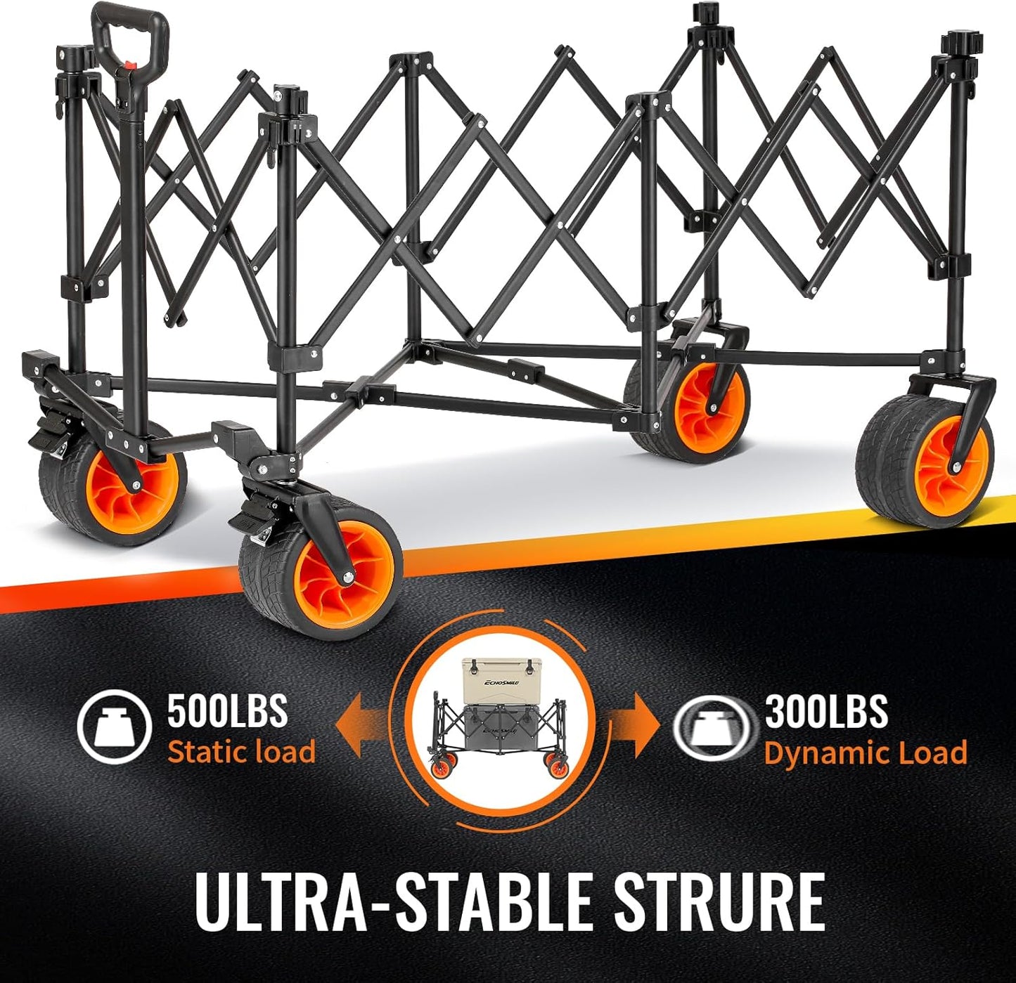 EchoSmile Collapsible Foldable Extended Wagon with 500lbs Weight Capacity, 300L Folding Utility Wagon Cart with Big All-Terrain Wheels for Beach,Sport,Gargen&Grocery,Black & Orange