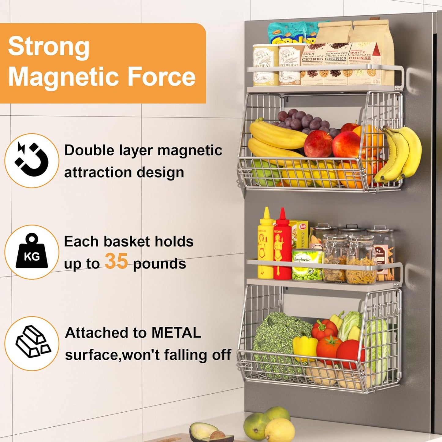 Magnetic Shelf for Fridge,Onion and Potato Spice Snacks Fruit and Vegetable Storage and Organizer,Hanging Wire Basket for Pantry,Kitchen Counter,RV and Laundry