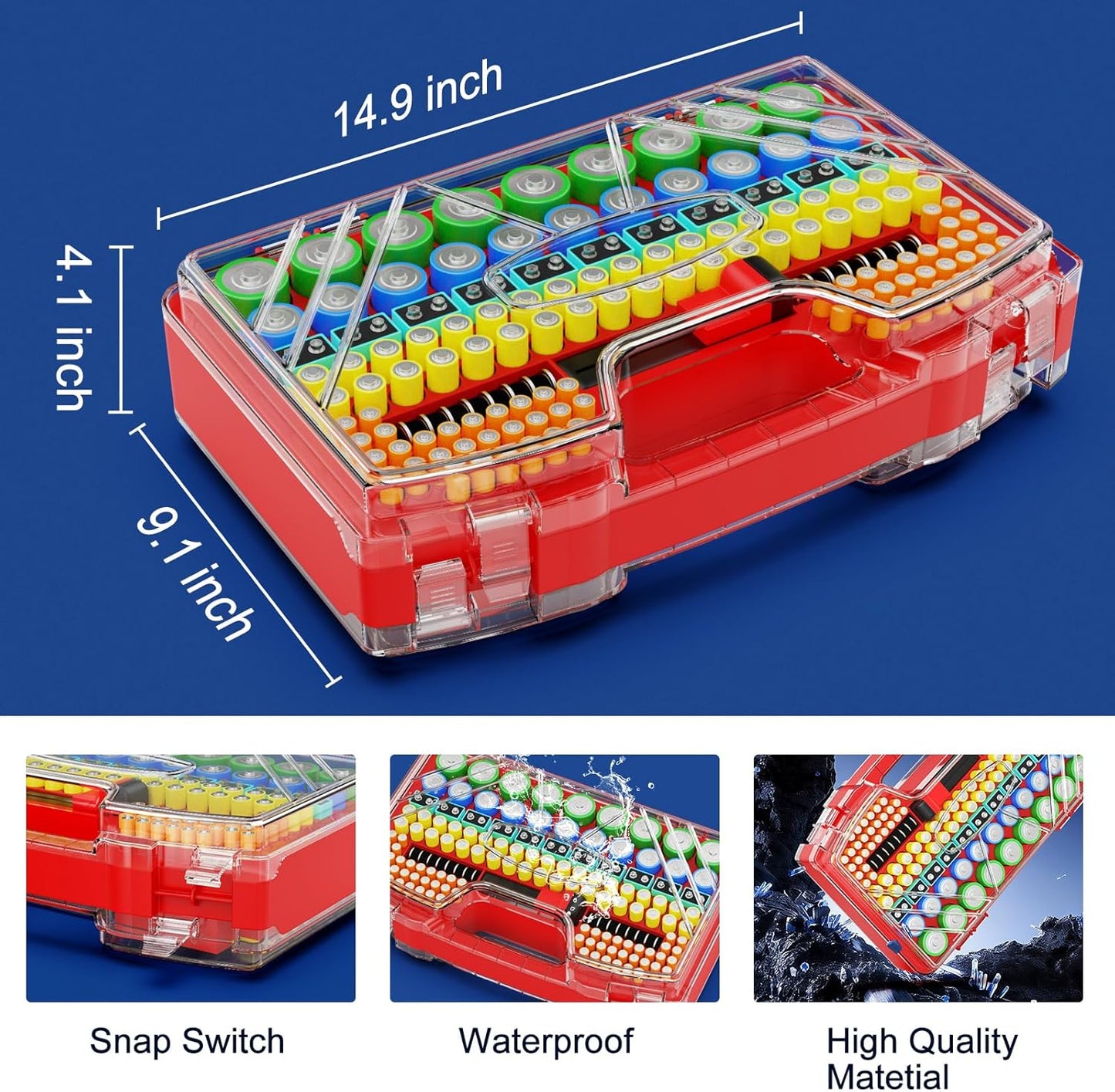 Battery Organizer Storage Holder Box Case with Tester, New Ultra-Large 285+Batteries Double-Sided Variety Pack, Holds AA AAA 4A C D Button Cell 9V 3V CR123 CR1632 LR44 Lithium18650 CR2 Red