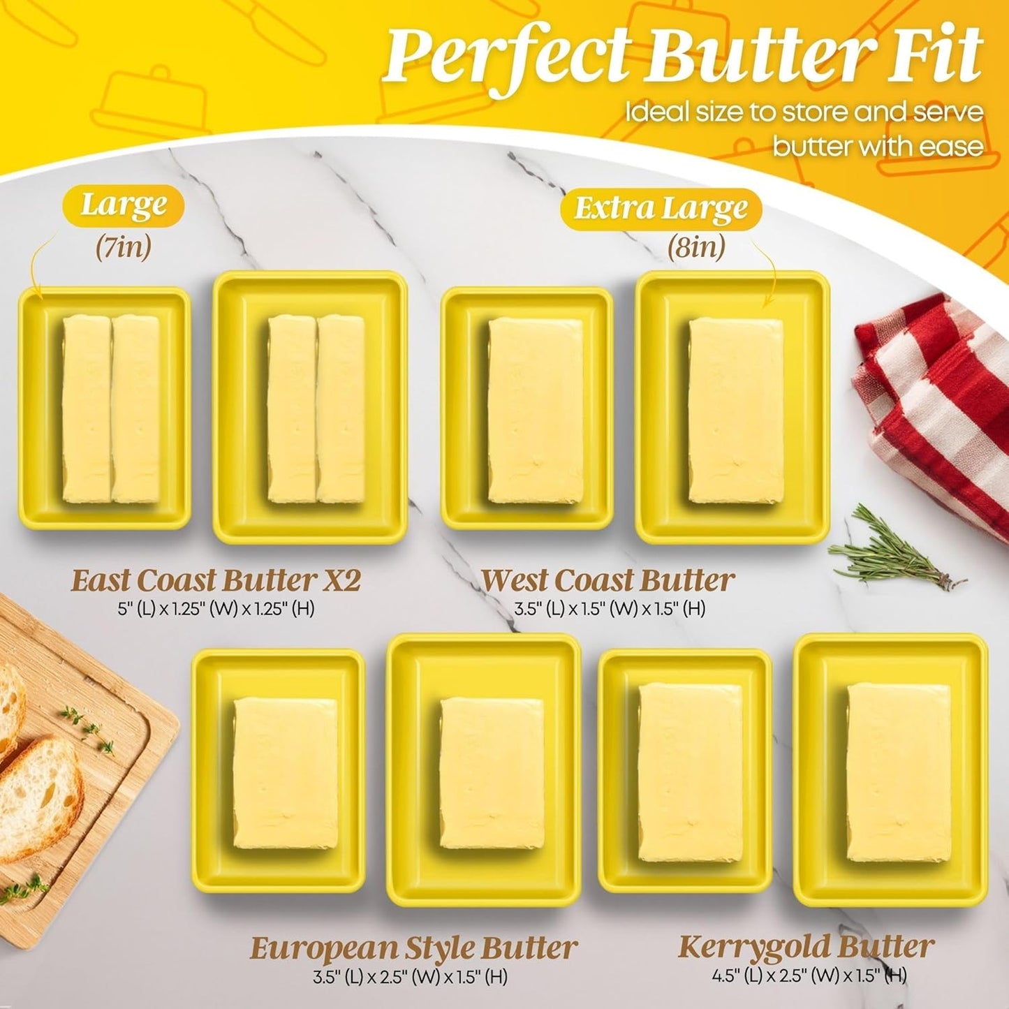 Flexzion Ceramic Yellow European Butter Dish with Lid for Countertop (7 Inch) - Wide 2 Stick Double Butter Holder for Counter, Cream Cheese Container Storage Keeper