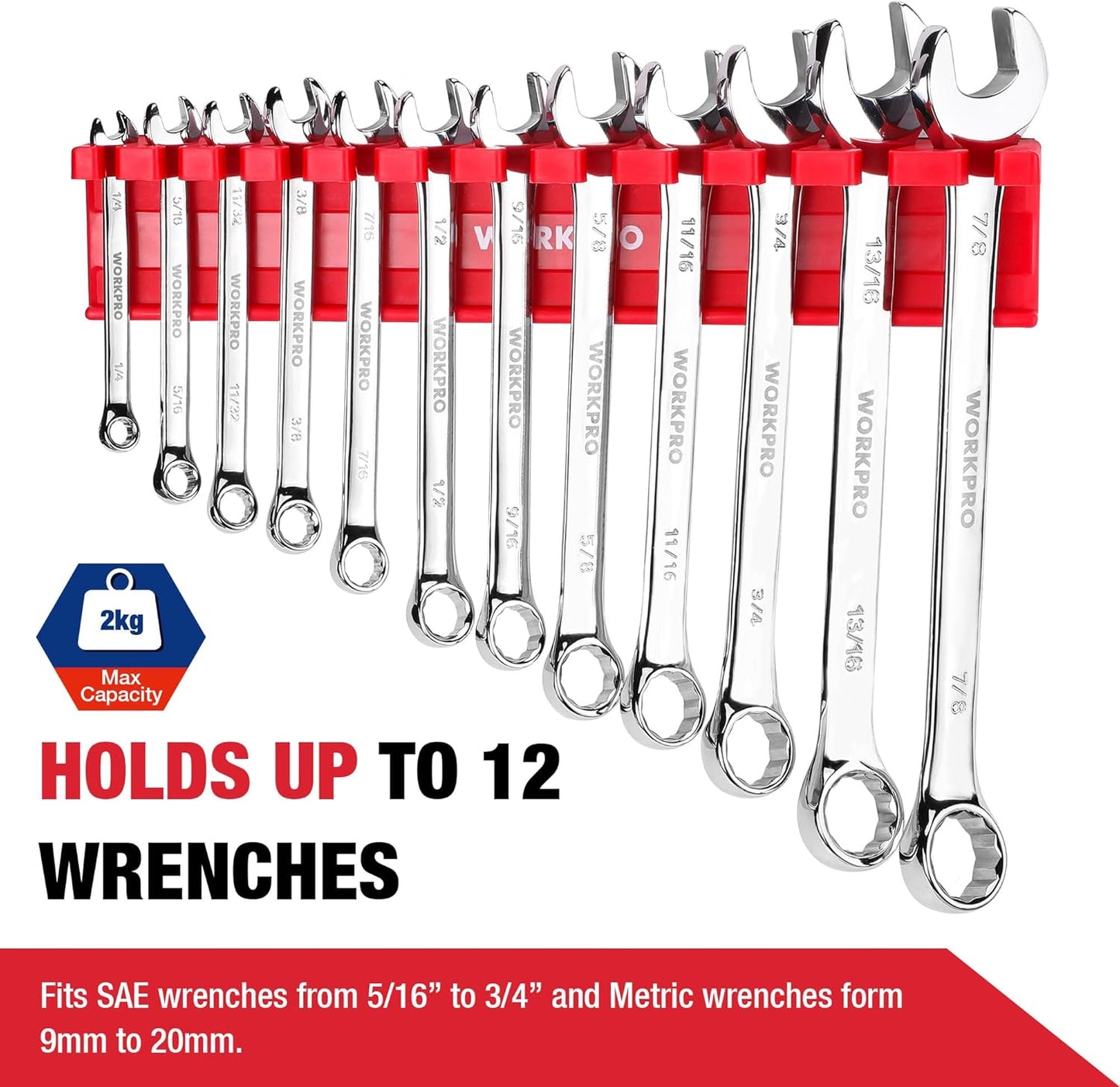WORKPRO 2-Piece Magnetic Wrench Organizer, 24 Slots Wrenches Holder Fits SAE (5/16” to 3/4”) and Metric (9 mm to 20 mm), Premium Quality Wrench Rack Set to Keep Wrenches Organized