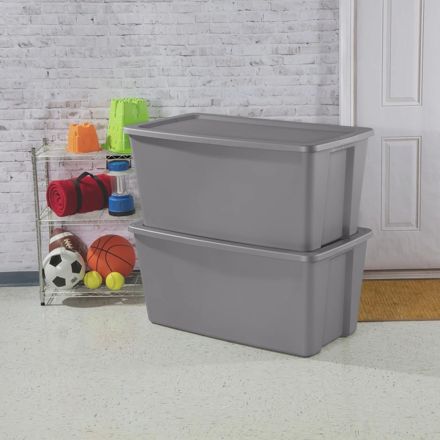 50 Gallon Tote, Extra-Large Plastic Storage Bin with Snap-on Lid, Gray