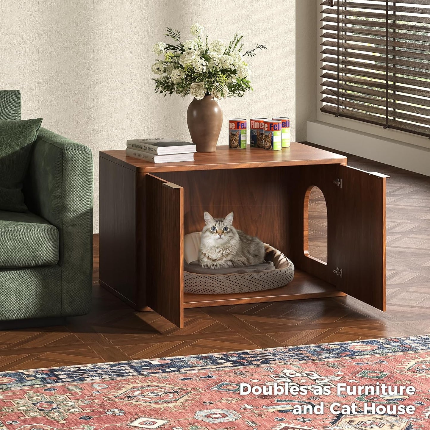 31.5" Walnut Cat Litter Box Enclosure Furniture, Large Decorative Hidden Litter Box Cabinet, Fluted Mid Century Modern Kitty End Table for Living Rooms, Bedrooms, Entryways