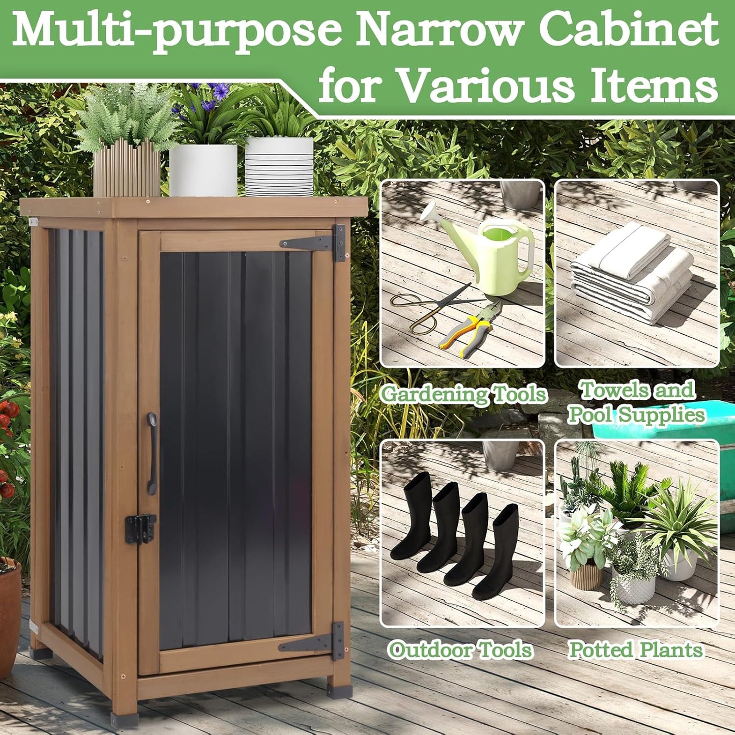 Outdoor Storage Cabinet Waterproof with Metal Top, Wooden Potting Bench Table Tool Organizer with Adjustable Shelf for Patio Backyard Garden