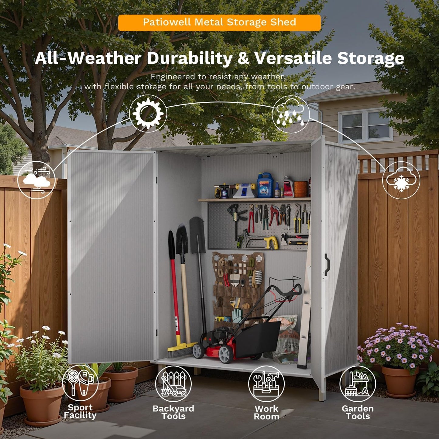Patiowell 5x3 FT Outdoor Storage Shed with Floor, Plastic Vertical Storage Cabinet with Lockable Doors for Garden, Pool Storage, Tools and Patio Furnitrue Accessories, Light Gray(Fit-it Shed)