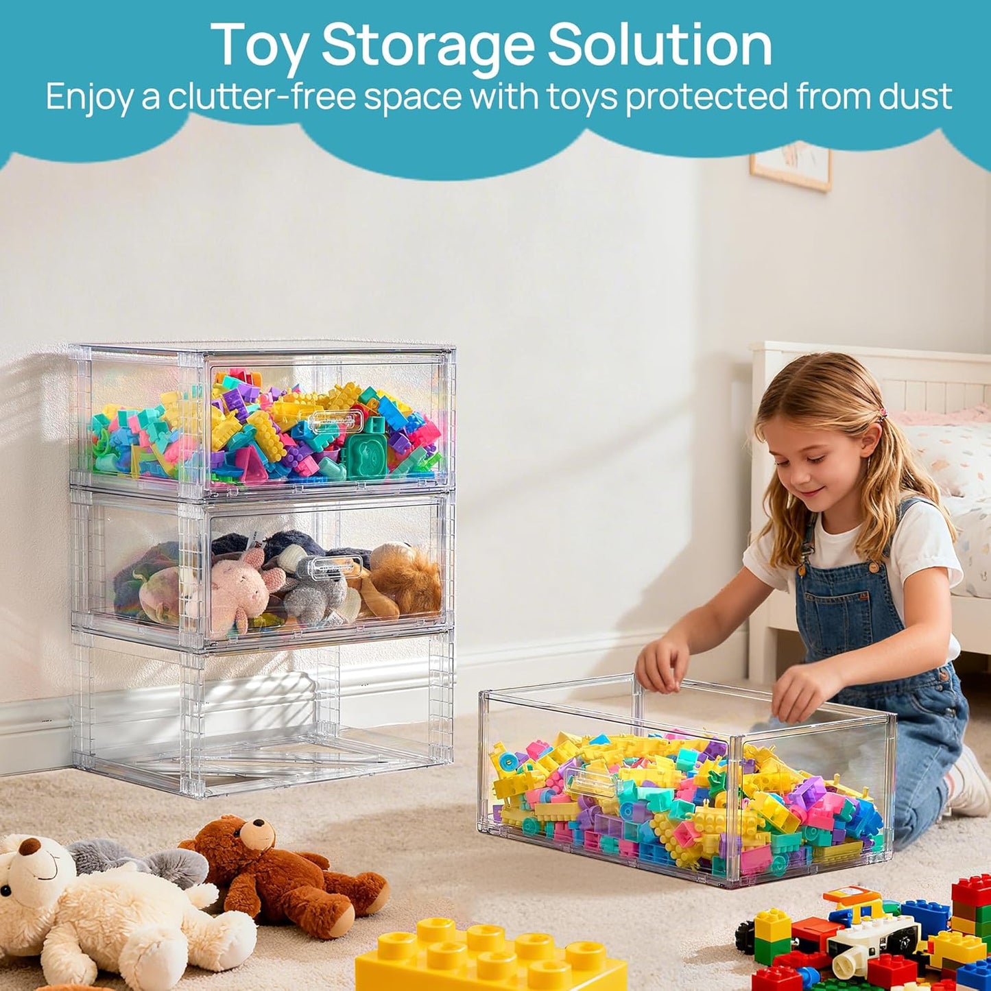 Vtopmart 4 Pack Large Clear Stackable Storage Drawers 27QT, Easily Assemble Plastic Closet Storage Bins, Dust-Proof UnderBed Organizer for Clothing, Sweater Organization