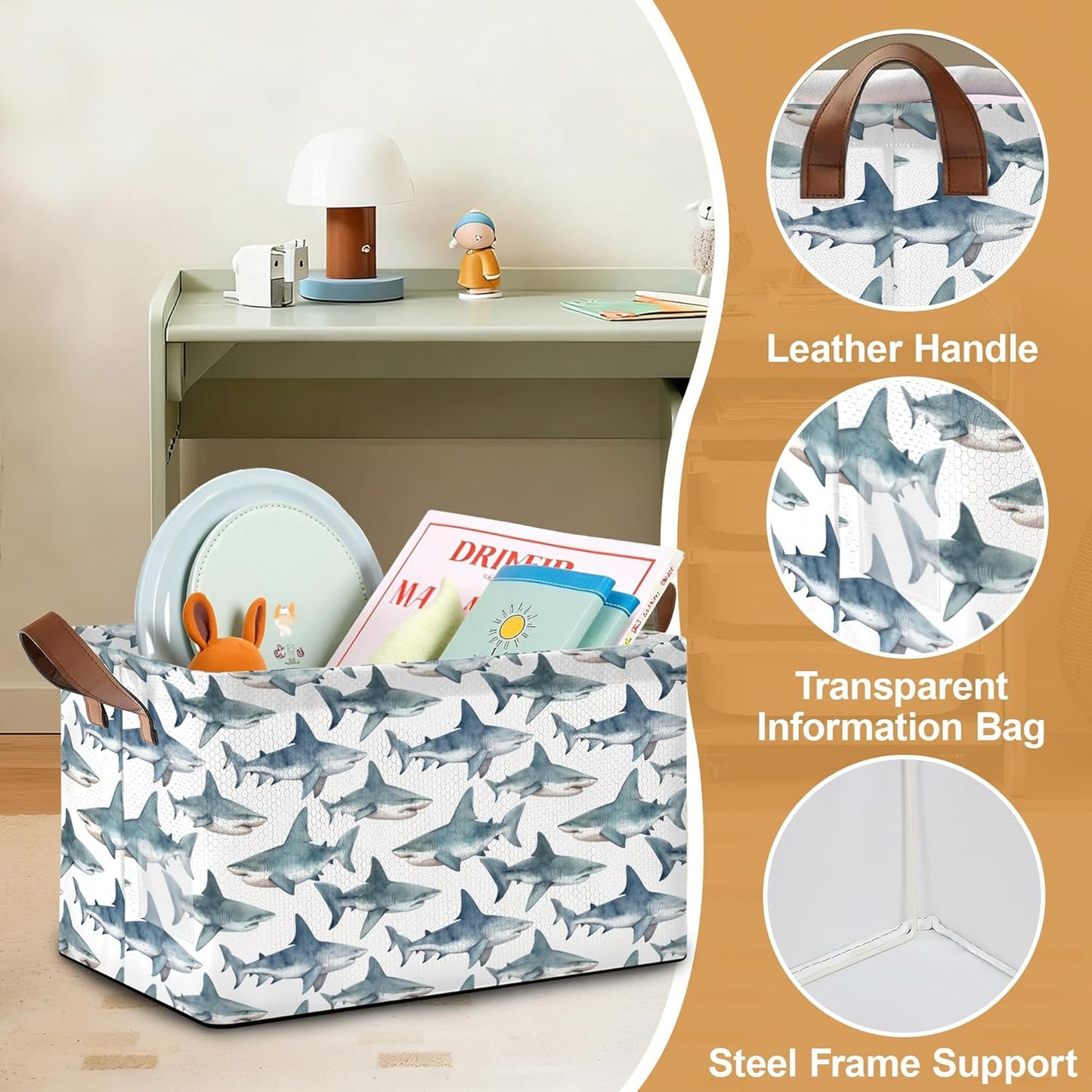 Sharks Storage Bin with Handles, Basket Storage Organizer for Shelves, Closet, Nursery, Book, Laundry Hamper & Home Decor
