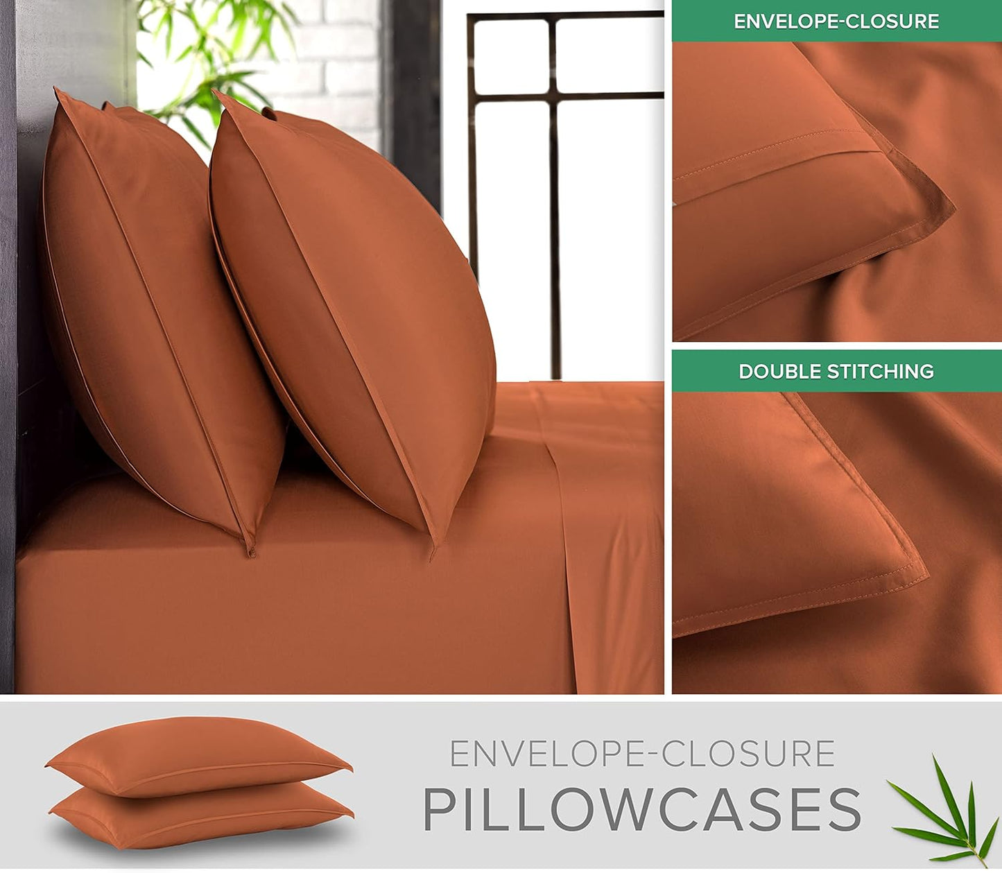 King Pillowcases by Pure Bamboo, Genuine 100% Organic Viscose Derived from Bamboo, Luxuriously Soft & Cooling, Double Stitching, Envelope Closure (2 King Pillowcases, Terracotta)