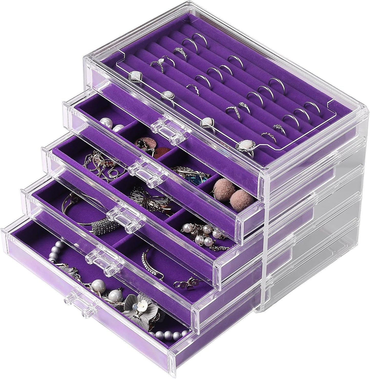 Frebeauty Extra Large Acrylic Jewelry Box for Women 5 Layers Clear Jewelry Organizer Velvet Earring Box with 5 Drawers Rings Display Case Necklaces Holder Tray for Women Girls(Purple)