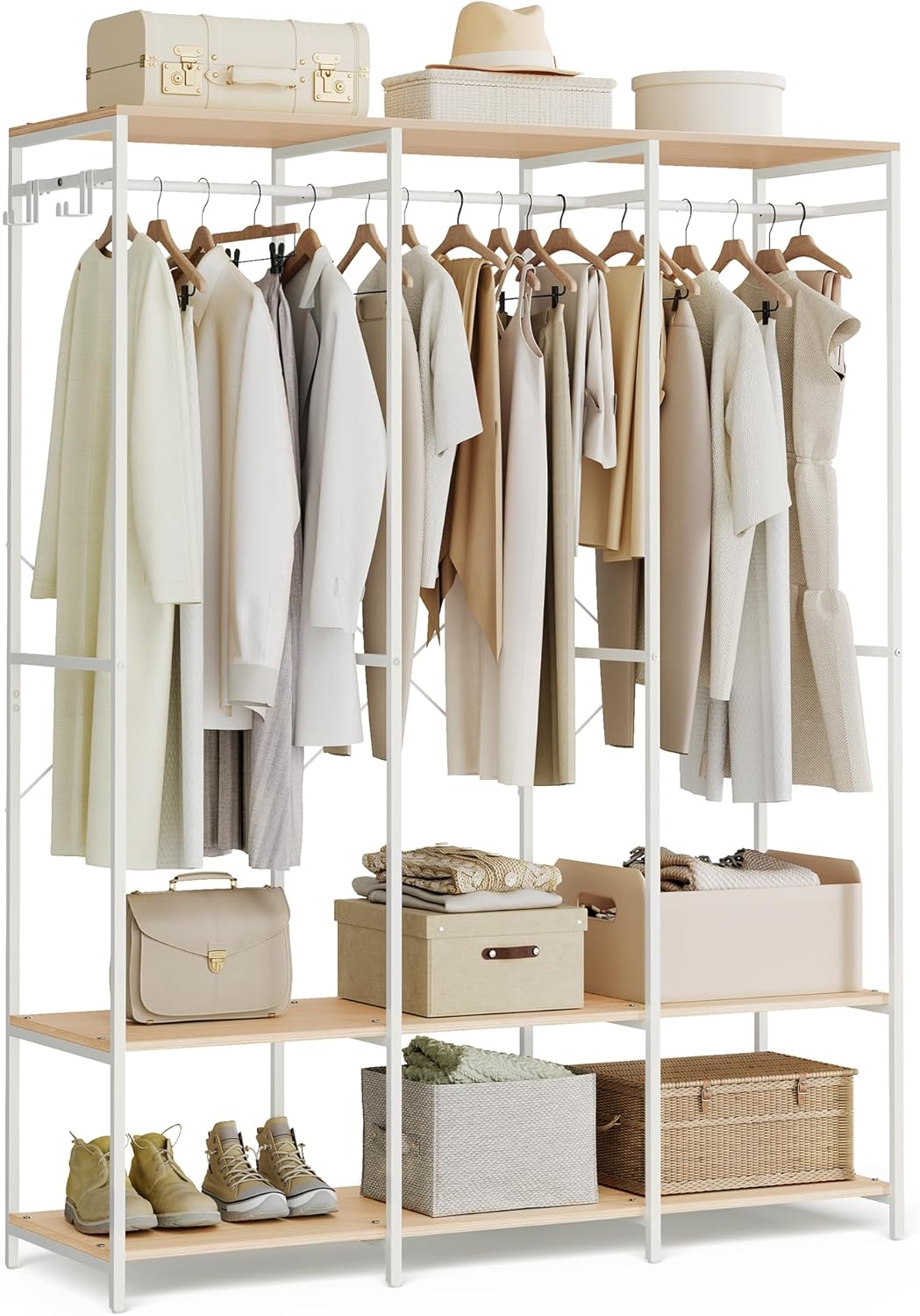 SONGMICS Clothes Rack, Iron and Wood Wardrobe Closet Organizer, Heavy Duty Garment Rack with Hanging Rods, Closet Shelves, Removable Hooks, 15.7 x 55.5 x 70.9 Inches, Natural Beige URGR005W67