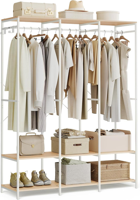 SONGMICS Clothes Rack, Iron and Wood Wardrobe Closet Organizer, Heavy Duty Garment Rack with Hanging Rods, Closet Shelves, Removable Hooks, 15.7 x 55.5 x 70.9 Inches, Natural Beige URGR005W67