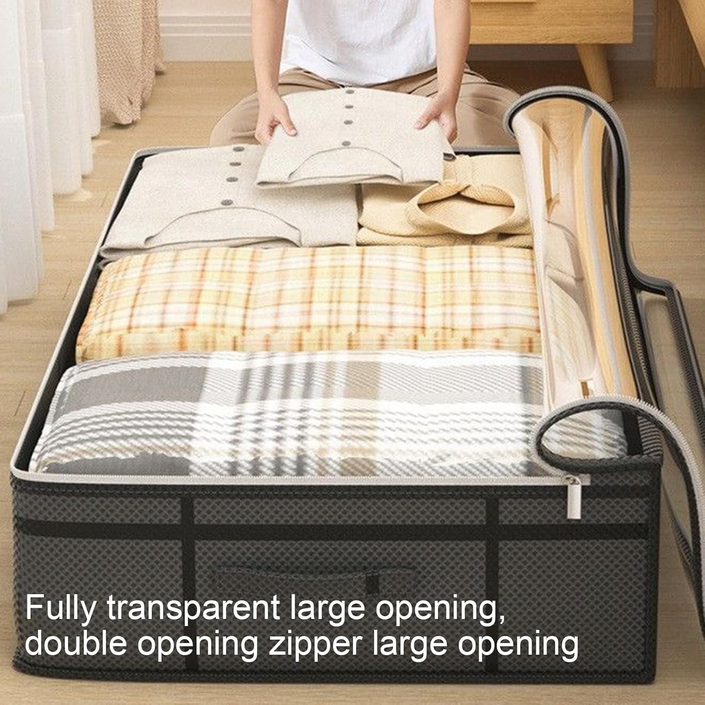 Under Bed Storage Bins - Spacious Clothing Organizer Drawer, Foldable Fabric Holder, Low Profile Blanket Box, Clear Top Access | Practical Dorm for Bedroom Apartment Closet Use