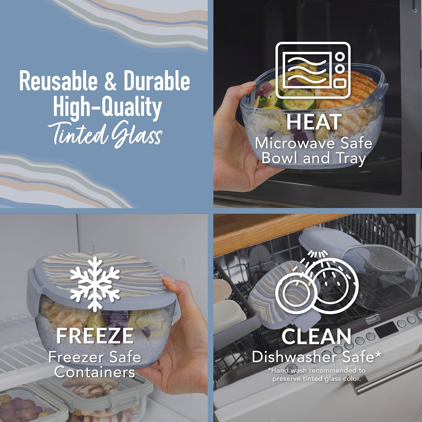 Bentgo Glass Prints All-in-One Salad Container - 61oz Tinted Glass Salad Bowl with Lid, Bento-Style Tray, Sauce Container, & Reusable Fork - Dishwasher & Microwave Safe (Wildly Chic - Soft Blue)