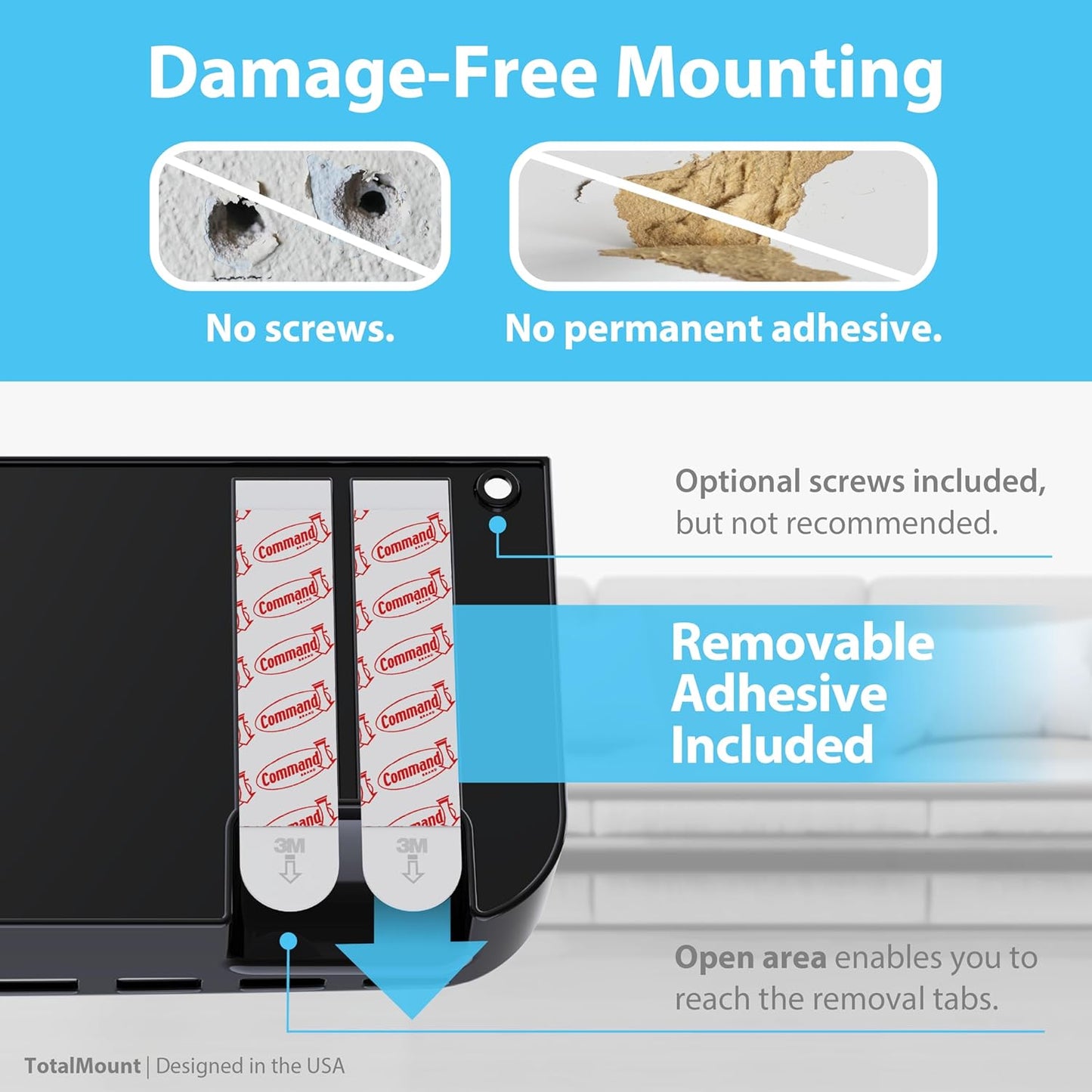 TotalMount Hole-Free Remote Holder – Eliminates the Need to Drill Holes in Your Wall (Premium Black Remote Control Holder for 5 or 6 Remotes)