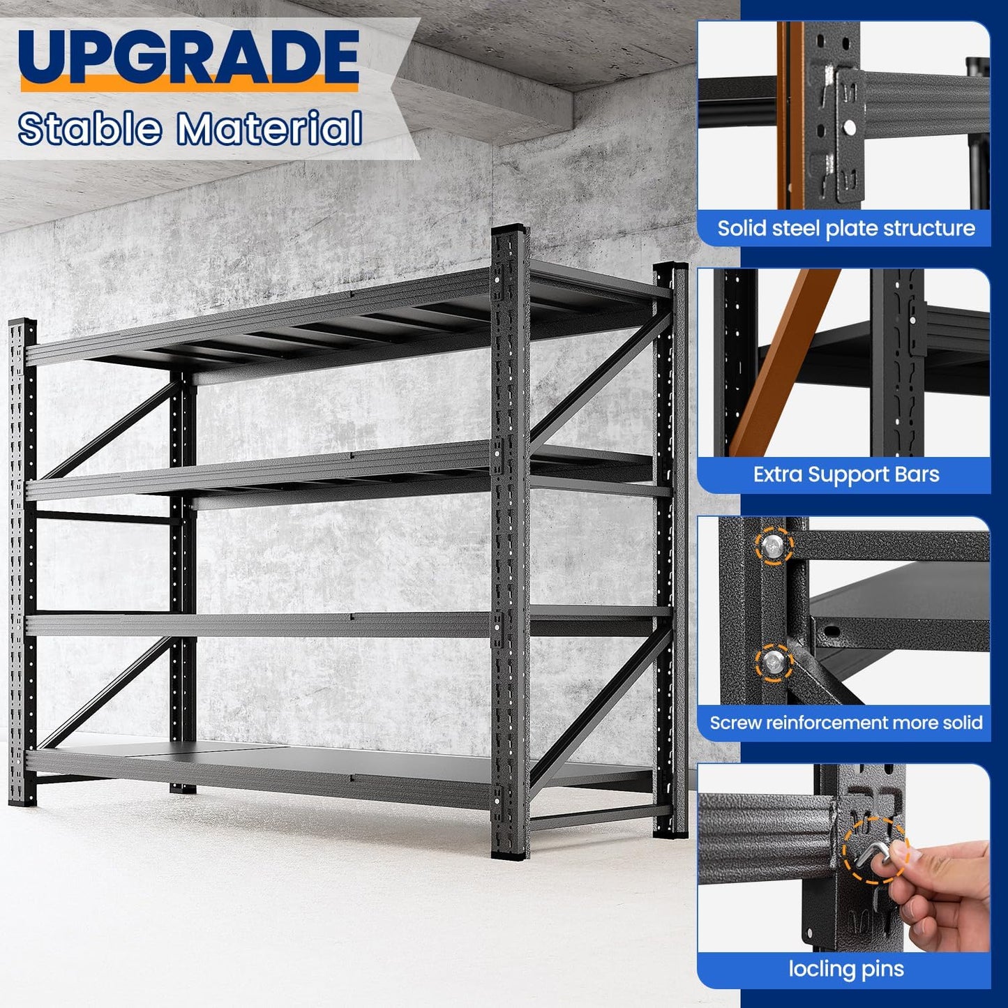MIIIKO 60" W Storage Shelves,4800LBS Metal Garage Storage Shelving,Heavy Duty Adjustable Unit Storage Shelves for Warehouse,Basement,60" W x 24" D x 70" H,Black