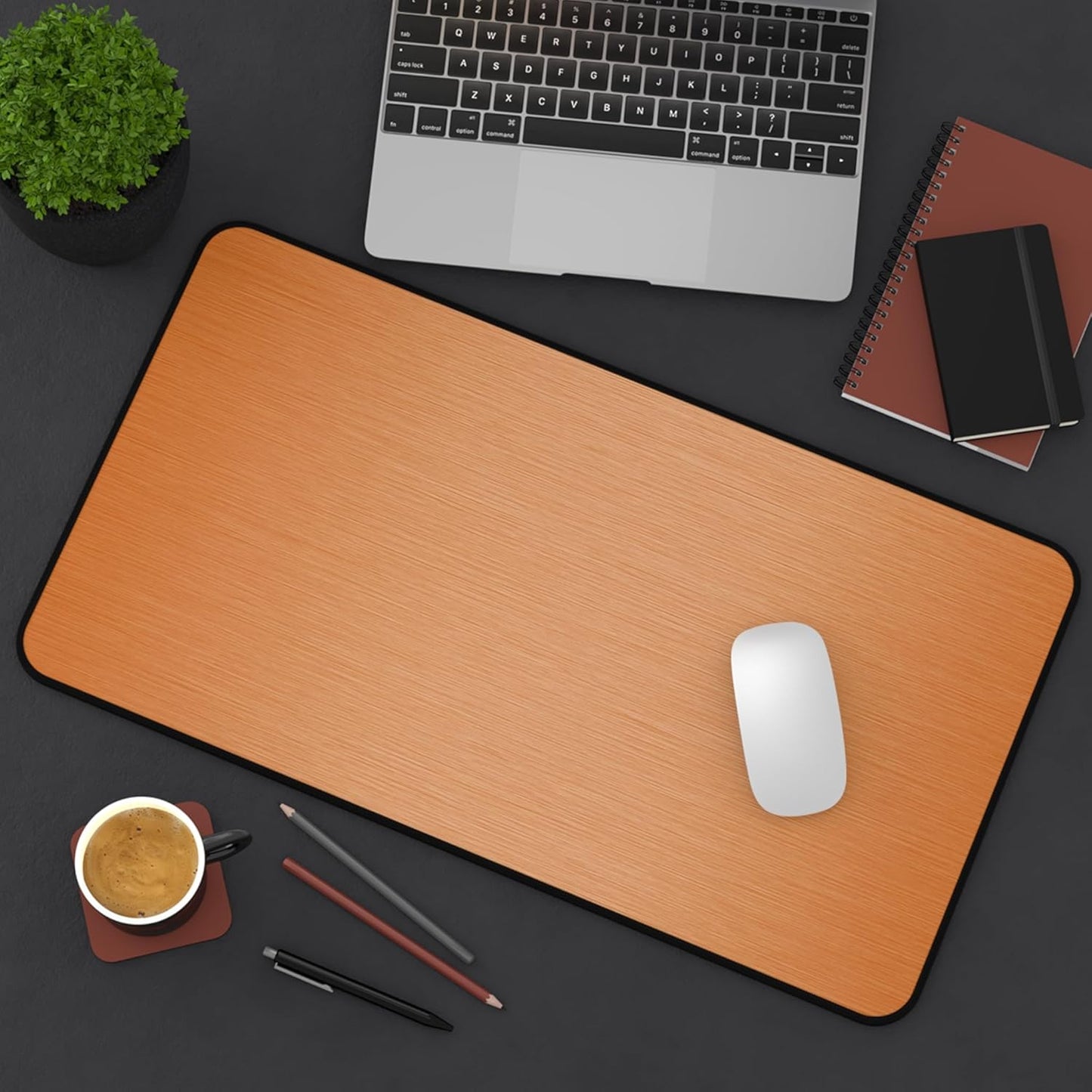 Brushed Metal Texture Desk Mat - Extended Mouse Pad & Desk Pad, Neoprene Surface, Non-Slip Rubber Base, Stitched Edges, Desk Protector for Keyboard & Mouse, Sizes 12x18/12x22/16x32 (Orange, 12x22)
