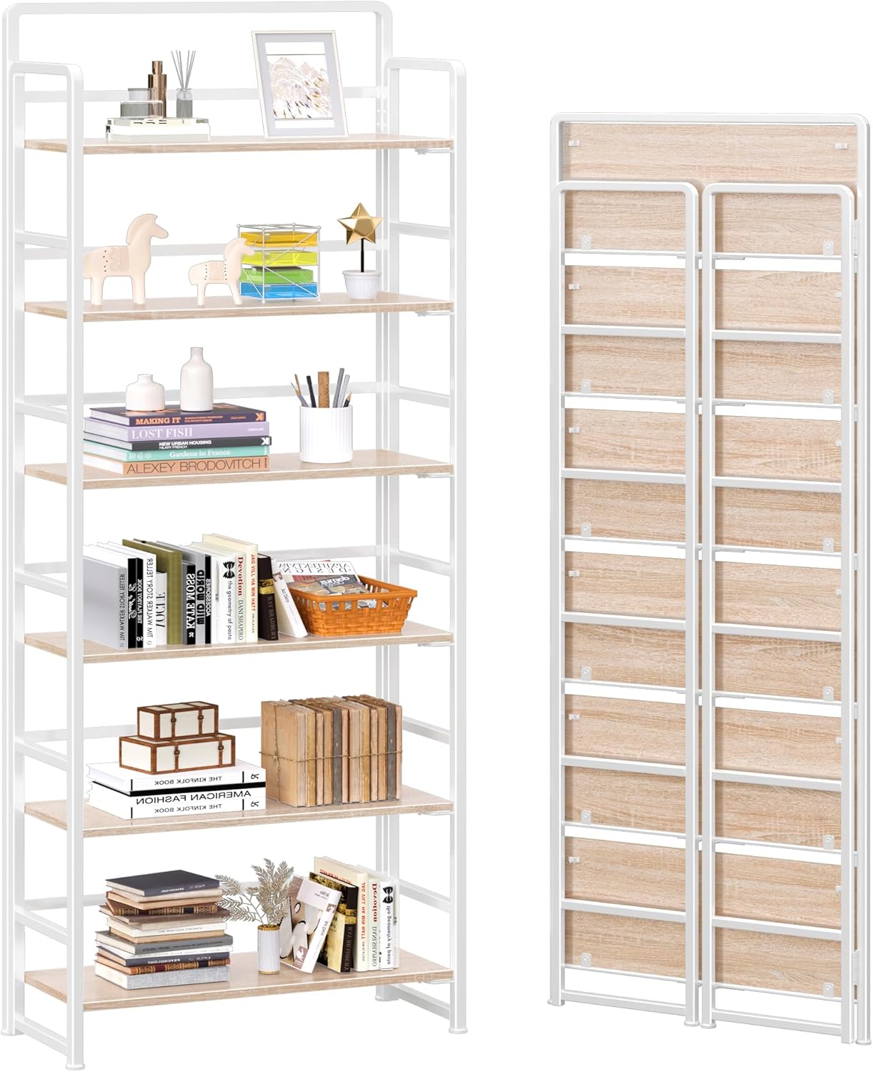 4NM No Assembly 6 Tiers Folding Bookshelf Storage Shelves Vintage Bookcase Standing Racks Study Organizer Home Office (Natural White)
