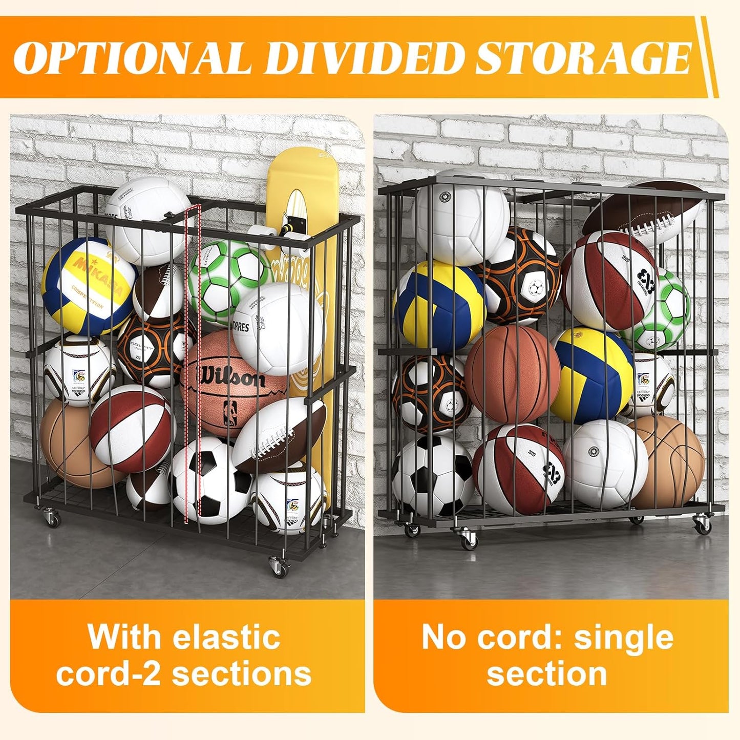 Large Garage Ball Storage, Rolling Floor Sports Equipment Organizer: Freestanding Ball Rack with Elastic Rope–, Ball Holder for Basketball, Soccer, Football, Volleyball, Garage, Gym, Black