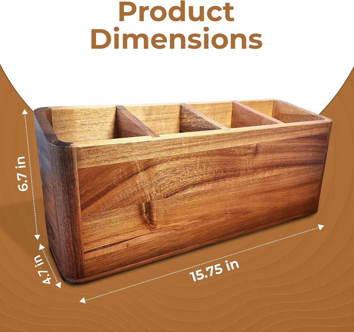 Dstuff Large Kitchen Utensil Holder Organizer for Counter or Countertop, Wooden Storage Container for Cooking and Silverware, Acacia Rustic Wood (4 Compartments)