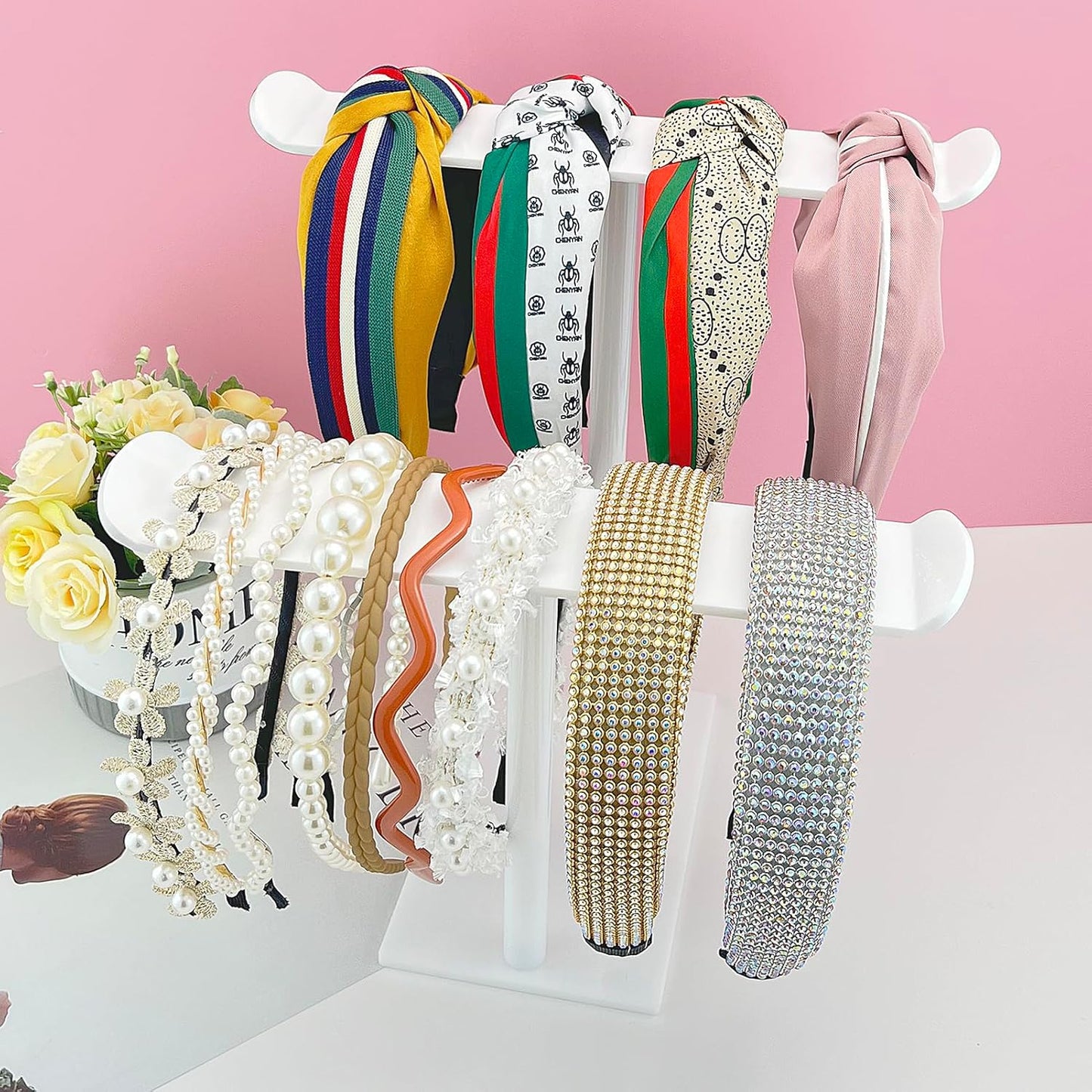 Bigfety Headband Holder, Acrylic Headband Organizer Stand, Hair Accessories Storage (2-Tier & 2-Panel)