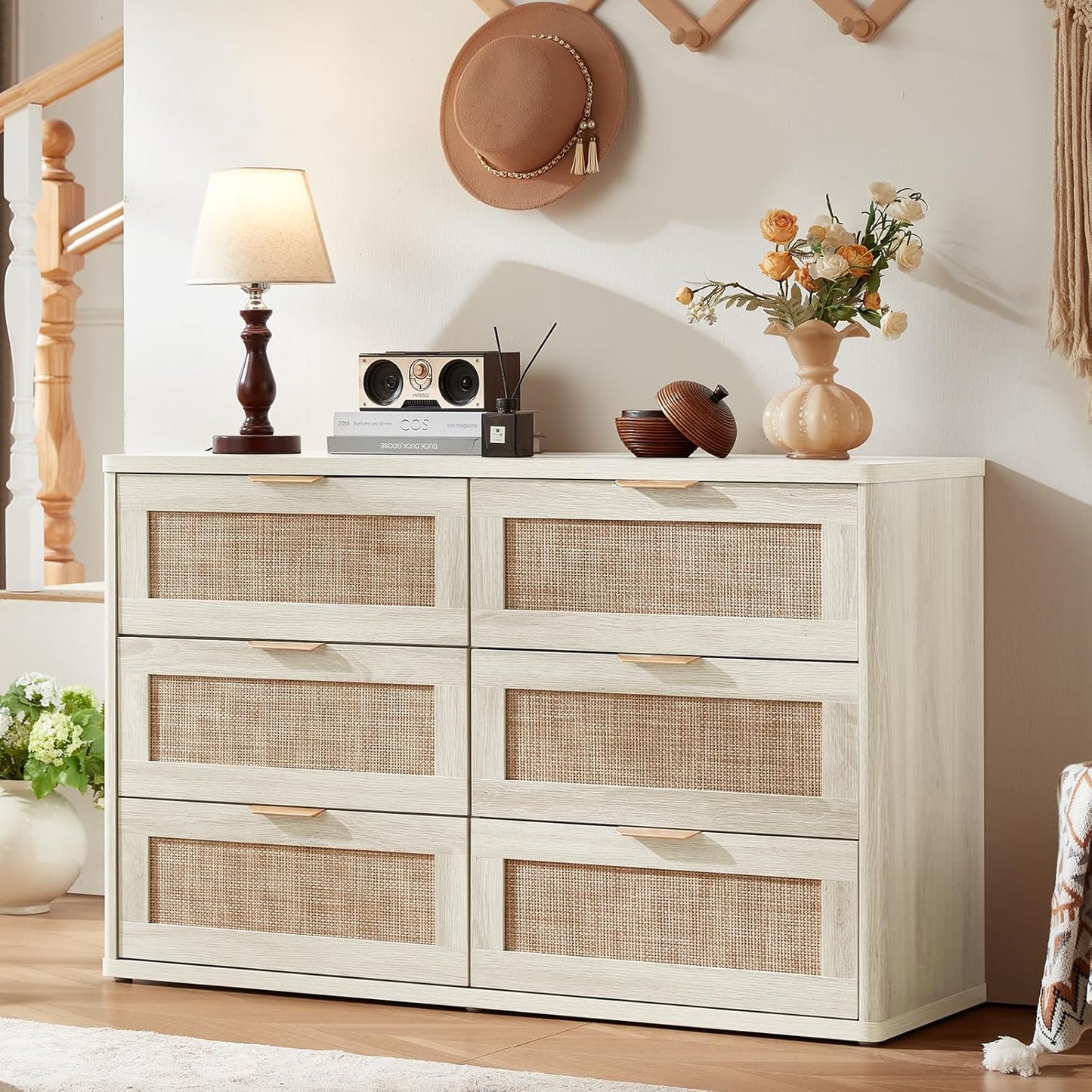 LEYAOYAO Rattan Dresser for Bedroom Set of 2, Boho 48" Wide White Dresser Chest of Drawers, Dressers TV Stand with Metal Handle, Storage Dressers Closet Organizer for Living Room, Hallway