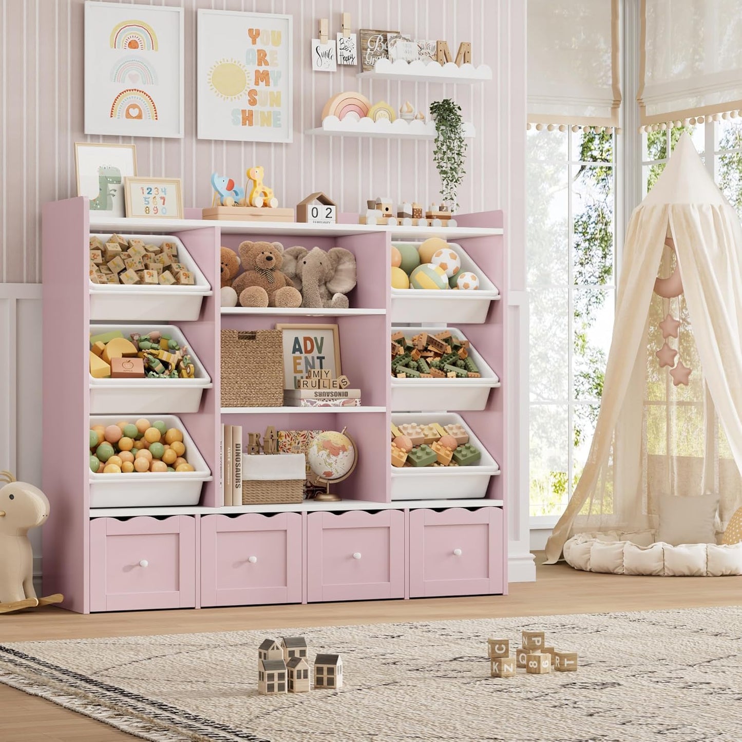 HITHOS 55" W Kids Toy Storage Organizer, Large Toy Box with Bookshelf, Toy Chest with 3 Cubes Storage Organizer, 6 Toy Organizers and Storage Bins, 4 Rolling Drawers for Kids Room, Playroom, Pink