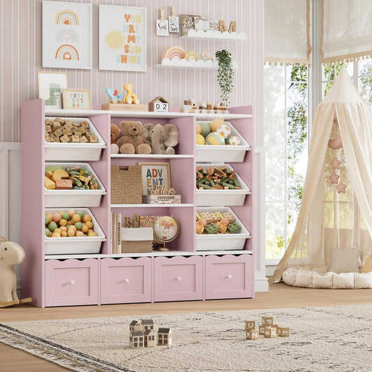 HITHOS 55" W Kids Toy Storage Organizer, Large Toy Box with Bookshelf, Toy Chest with 3 Cubes Storage Organizer, 6 Toy Organizers and Storage Bins, 4 Rolling Drawers for Kids Room, Playroom, Pink