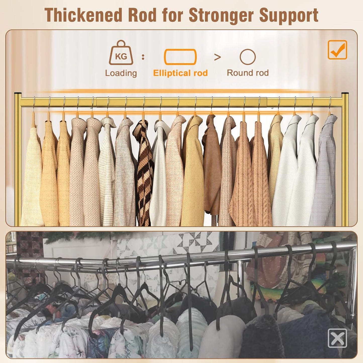 EAGMAK Heavy Duty Clothes Rack Load 420 LBS, Rolling Garment Rack with Lockable Wheels, Standing Metal Clothing Rack, Portable Wardrobe Sturdy Coat Rack for Hanging Clothes (Gold, 59″×18.9″×63″)