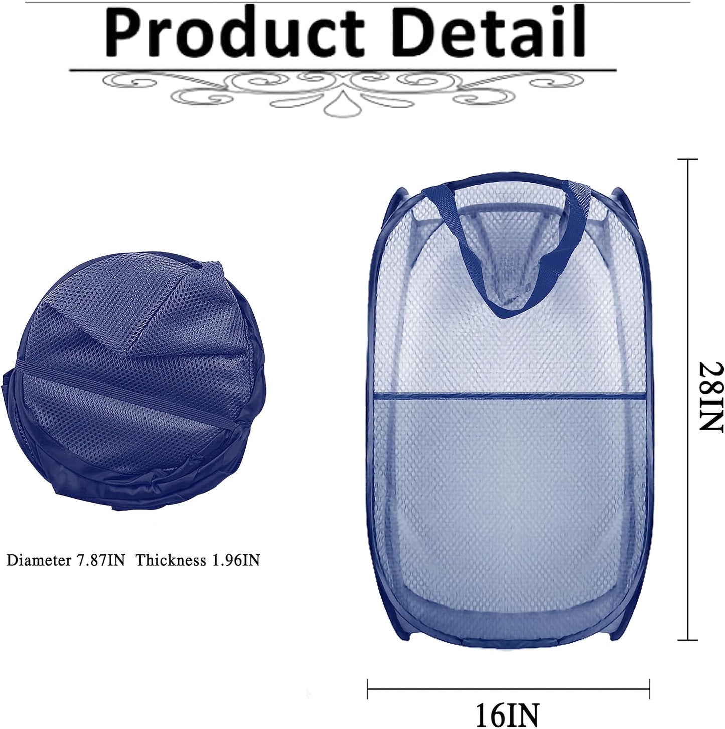 Collapsible Pop Up Laundry Hamper, Extra Large Mesh Foldable Laundry Basket, 28" x 16" x 16" (Blue)