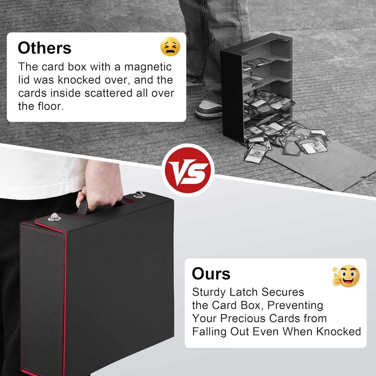 Marsguard Trading Card Storage Box with Portable Handle, 3000+ MTG Storage Box with 4 Card Stoppers Commander Display Deck Box Card Case Top Loaders MTG TCG Sports Cards Commander Deck Box(Black&Red)